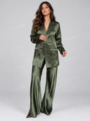 Satin Double Breasted Blazer & Wide Leg Pants Two Piece Set