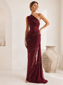 Elegant One-Shoulder Lace Draped Maxi Dress
