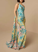 Elegant Bohemian Paisley Printed Satin Maxi Dress