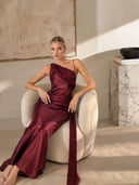 Elegant Satin Asymmetric One Shoulder Maxi Dress