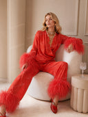 Elegant Feather Trim Jacquard Wrap Blouse & Pants Two-Piece Set