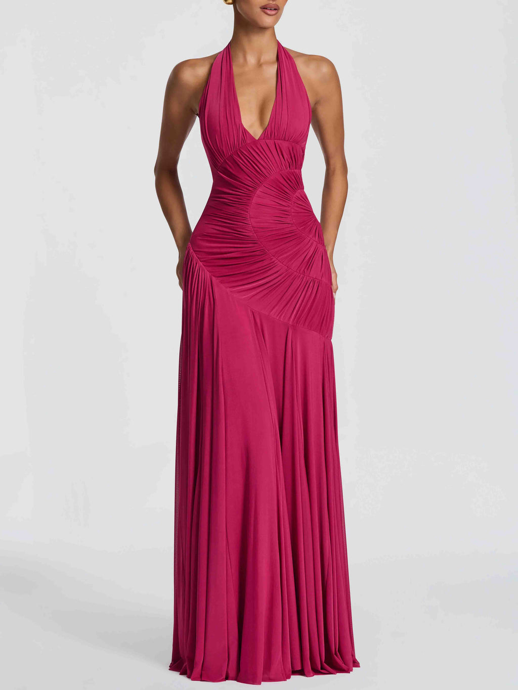 Elegant Halter Neck Ruched Pleated Maxi Dress
