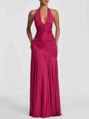 Elegant Halter Neck Ruched Pleated Maxi Dress