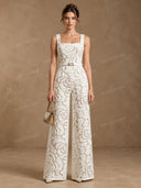 Exquisite Floral Jacquard Belted Wide Leg Jumpsuit