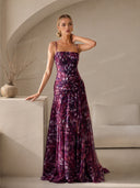 Elegant Abstract Print Ruched Spaghetti Strap Maxi Dress