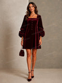 Elegant Velvet Square Neck Floral Cuff Mini Dress