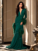 Elegant V-Neck Feather Cuff Chiffon Flowing Party Maxi Dress