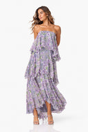 Romantic Floral Strapless High-Low Ruffle Maxi Dress