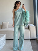 One Shoulder Feather Trim Top & Wide Leg Pants Set
