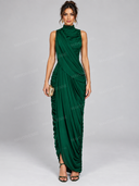 Ruched High Neck Draped Cape Maxi Dress