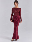 Elegant Lace Long Sleeve Ruched Waist Maxi Dress