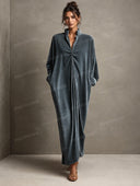 Casual Long Sleeve Velvet Twist Front Maxi Dress