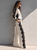 Casual Contrast Lace Bomber Jacket & Wide Leg Pants Two Piece Set