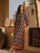 Exquisite Printed Feather-Trim Side-Slit Maxi Dress