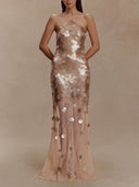 Elegant Iridescent Sequin Halter Neck Evening Maxi Dress