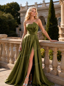 Elegant Strapless Pleated High-Slit Satin Maxi Dress