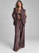 Tailored Blazer Vest Mesh Bodysuit Wide Leg Pants Three Piece Set