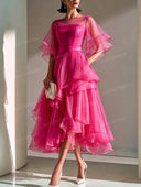 Elegant Emerald Green Sheer Ruffle Midi Dress