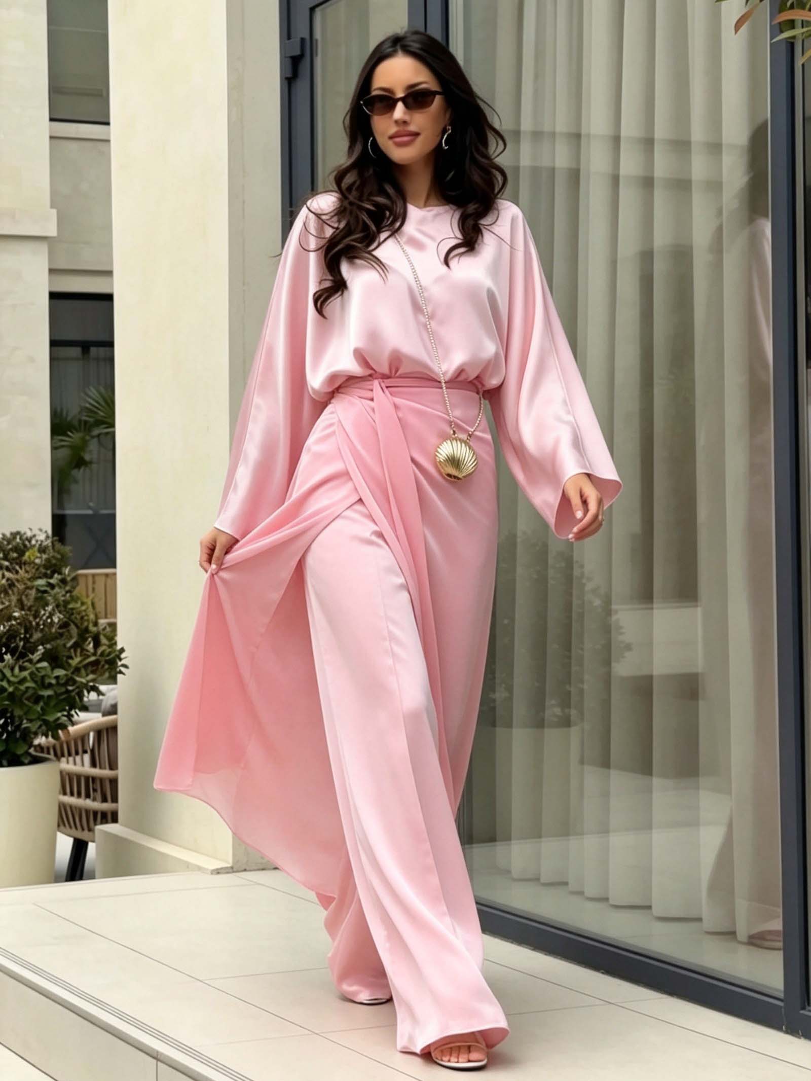 Elegant Satin Blouse & Draped Maxi Skirt Two-Piece Set