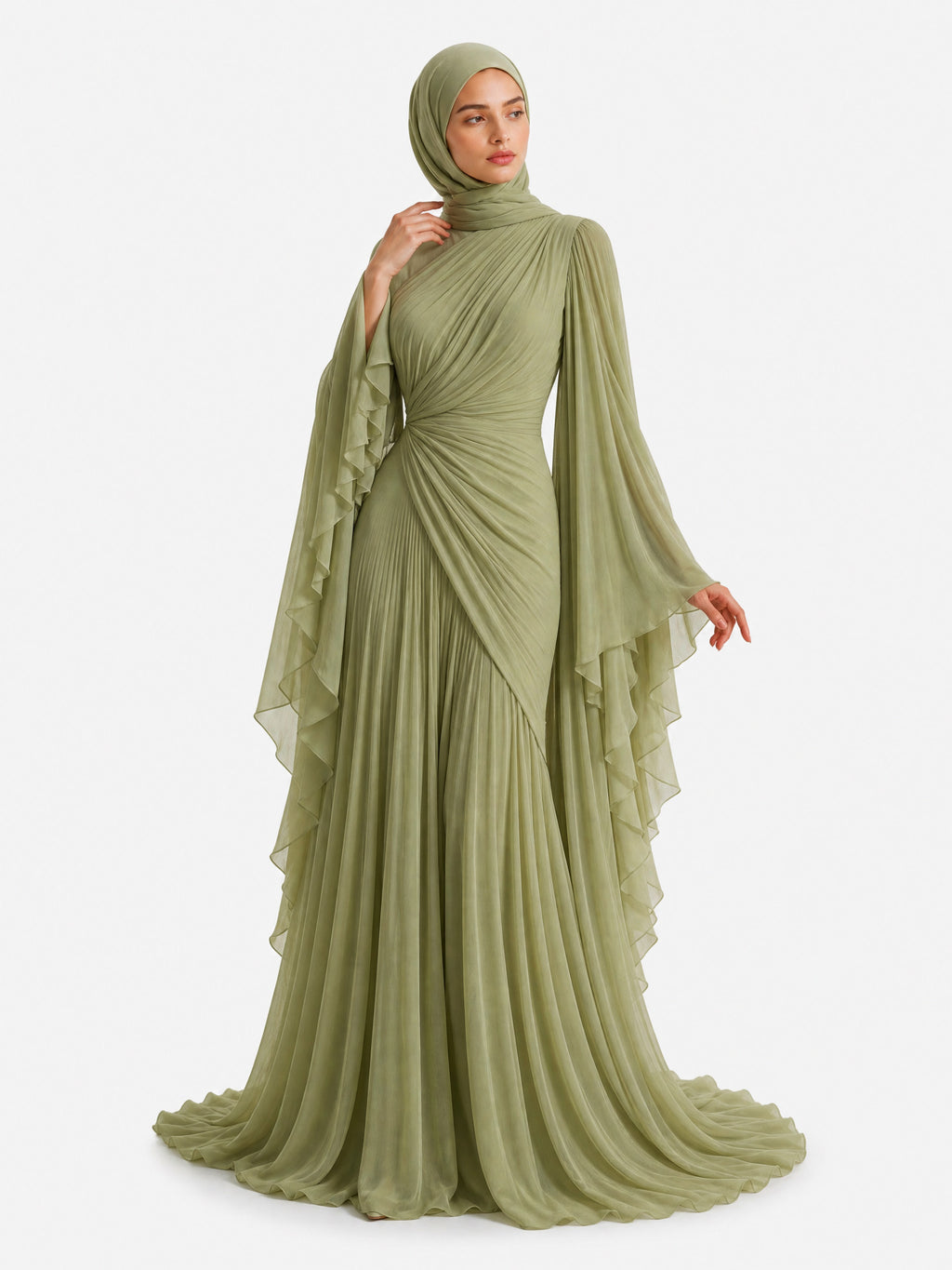 Elegant Pleated High-Neck Cape Sleeve Chiffon Maxi Dress