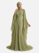 Elegant Pleated High-Neck Cape Sleeve Chiffon Maxi Dress