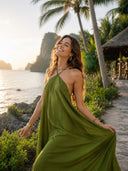 Elegant Beaded Halter Neck Flowy Maxi Dress