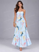 Elegant Floral Print Pleated Strapless Maxi Dress