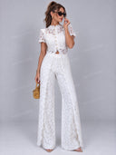 Elegant Lace Button-Front Top & Wide-Leg Pants Set