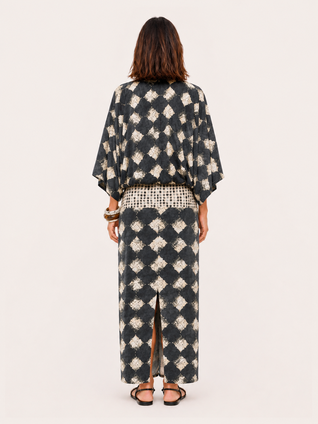 Casual Abstract Plaid Print Kimono Sleeve Maxi Dress