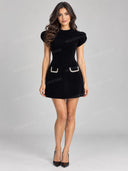 Elegant Velvet Puff Sleeve Pearl Trim Mini Dress