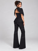 Fringe Cape Peplum Top and Flare Pants Three Piece Set