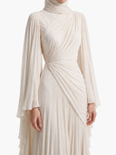 Elegant Pleated High-Neck Cape Sleeve Chiffon Maxi Dress