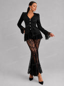 Elegant Lace Trim Blazer Top & Flared Lace Pants Two-Piece Set