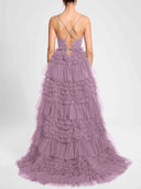 Elegant Tiered Ruffle Tulle Corset Slit Maxi Dress