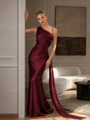 Elegant Satin Asymmetric One Shoulder Maxi Dress