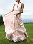 Rhinestone Halter Neck Tiered Pleated Shiny Maxi Dress