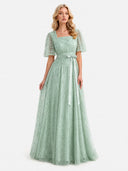 Elegant Square Neck Sheer Tulle Floral Embroidered Maxi Dress