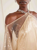 Luxury Sequined Feather Trim Cape Sleeve Maxi Dress