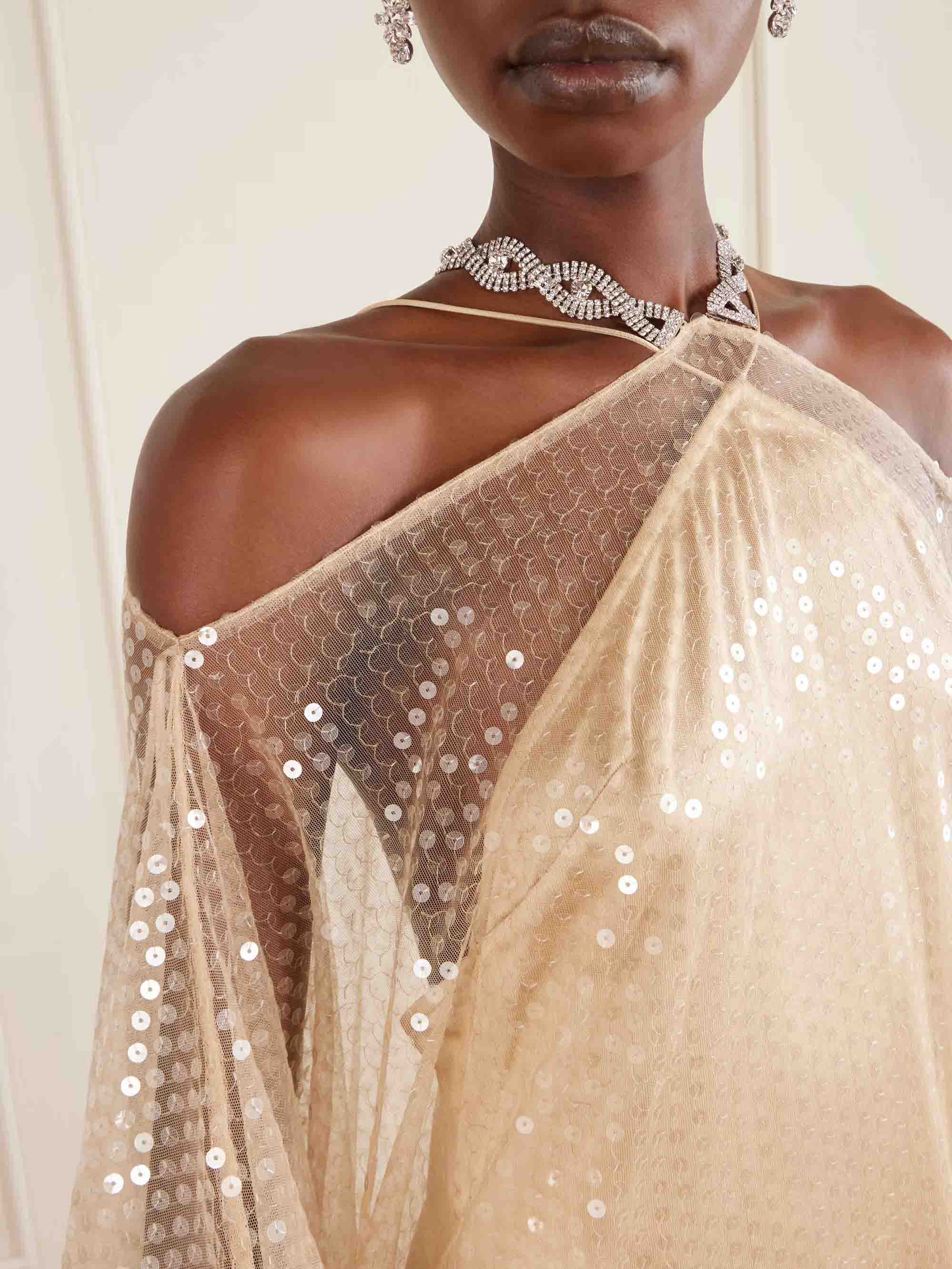 Luxury Sequined Feather Trim Cape Sleeve Maxi Dress
