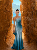 Elegant Gradient One-Shoulder Tulle  Satin Maxi Dress
