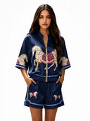 Exquisite Satin Horse Print Zip-Up Shirt & Shorts Set