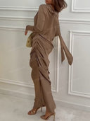 Elegant Asymmetric Sleeve Ruched Satin Maxi Dress