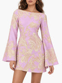 Elegant Bell Sleeve Satin Paisley Print Mini Dress
