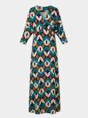 Retro Geometric Print V-Neck Kaftan Maxi Dress