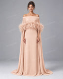 Elegant Feather Trim Off Shoulder Cape Maxi Dress