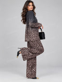 Elegant Leopard Print Blazer & Wide Leg Pants Set