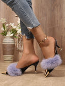 Feather Metal‑Tip Pointed Kitten Heel Mules Heel Sandals