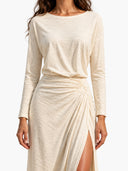 Casual Crew Neck Pleated Slit Maxi Dress