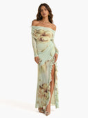 Printed Off-Shoulder Slit Maxi Dress