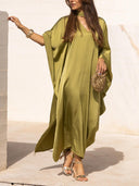 Elegant Satin Choker Neck Batwing Sleeve Kaftan Maxi Dress